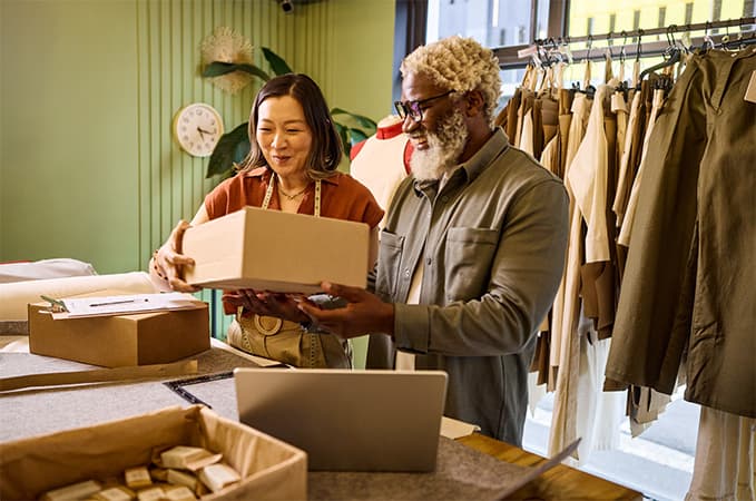 Business owner packing a shipping box